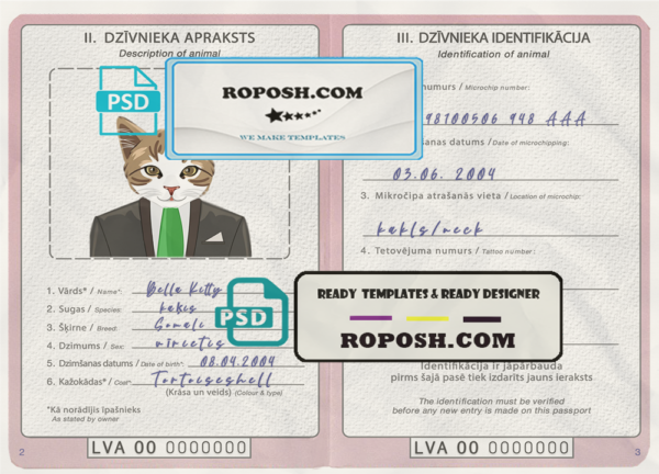 Latvia cat (animal, pet) passport PSD template, fully editable scan effect