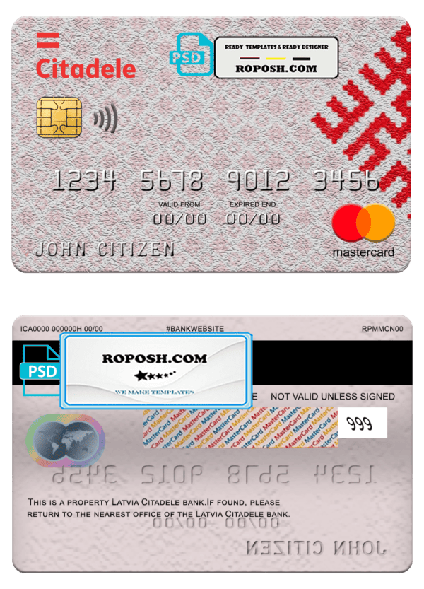Latvia Citadele bank mastercard, fully editable template in PSD format