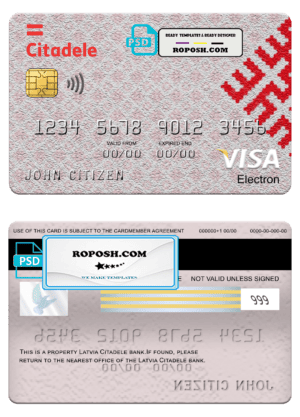 Latvia Citadele bank visa electron card, fully editable template in PSD format