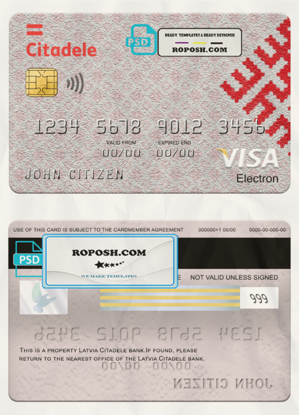 Latvia Citadele bank visa electron card, fully editable template in PSD format scan effect
