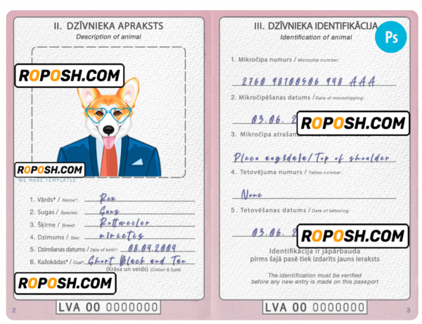 Latvia dog (animal, pet) passport PSD template, fully editable