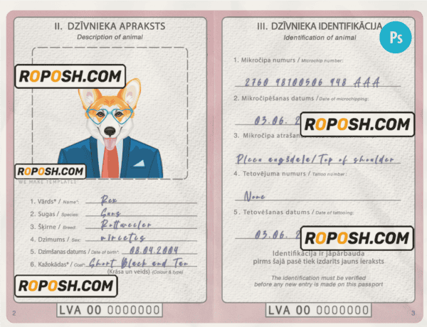 Latvia dog (animal, pet) passport PSD template, fully editable