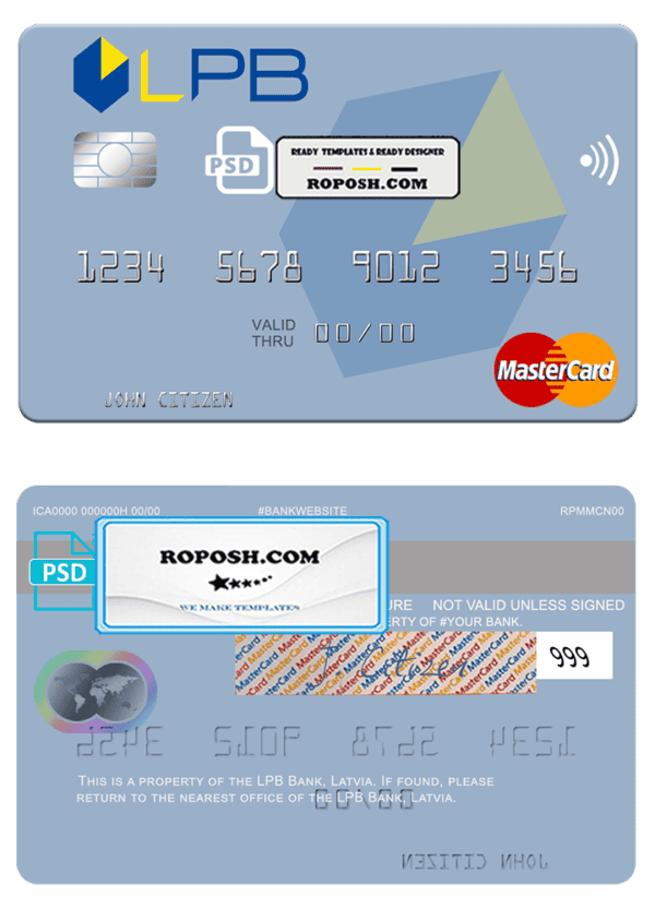 Latvia LPB Bank mastercard fully editable credit card template in PSD format