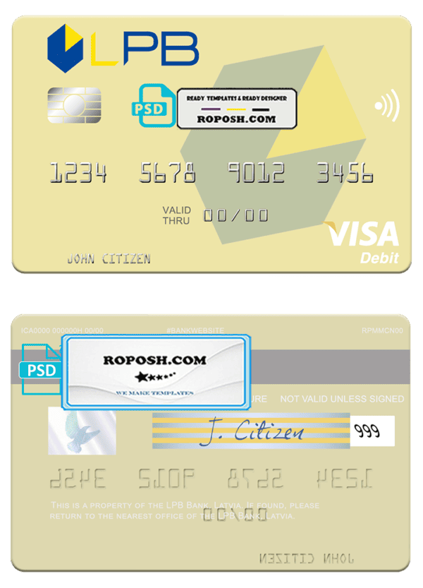 Latvia LPB Bank visa card fully editable template in PSD format
