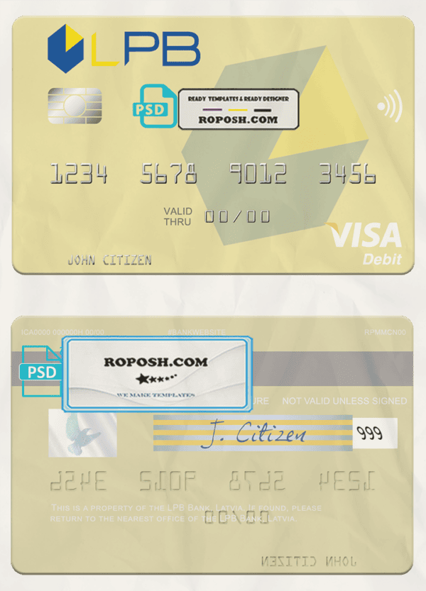 Latvia LPB Bank visa card fully editable template in PSD format