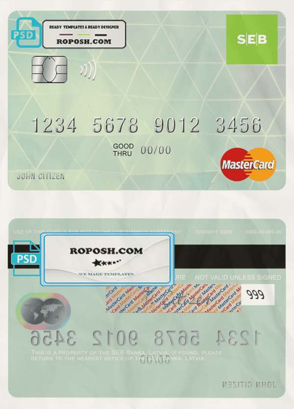 Latvia SEB Bank mastercard fully editable template in PSD format
