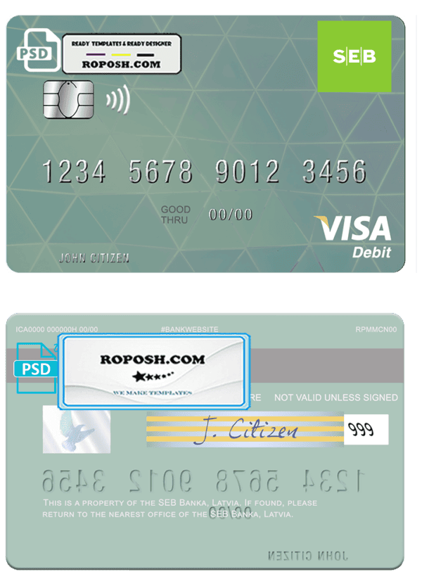 Latvia SEB Bank visa card fully editable template in PSD format
