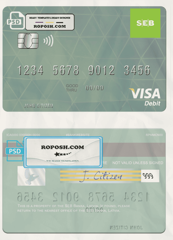 Latvia SEB Bank visa card fully editable template in PSD format