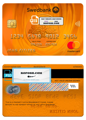 Latvia Swedbank mastercard, fully editable template in PSD format
