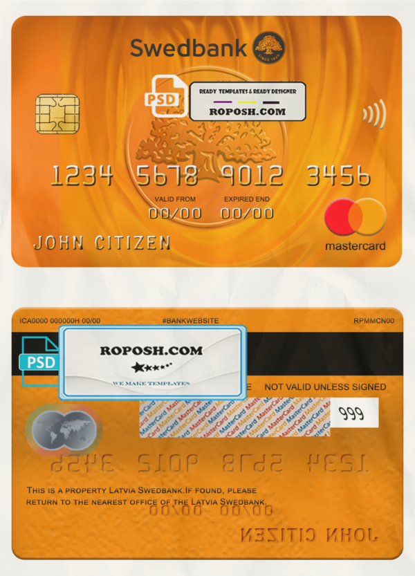 Latvia Swedbank mastercard, fully editable template in PSD format scan effect
