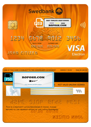 Latvia Swedbank visa electron card, fully editable template in PSD format