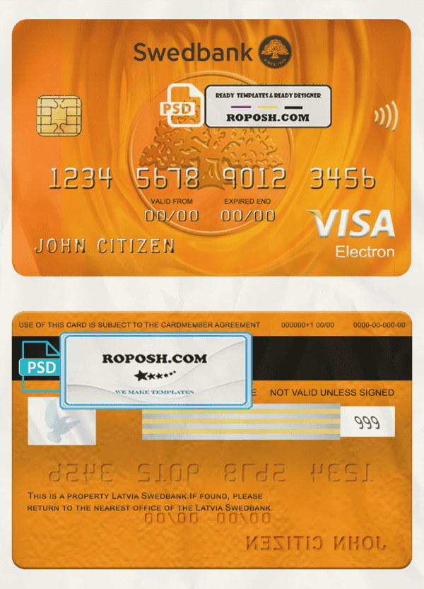 Latvia Swedbank visa electron card, fully editable template in PSD format