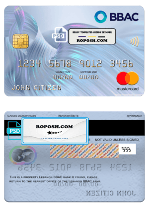 Lebanon BBAC bank mastercard, fully editable template in PSD format