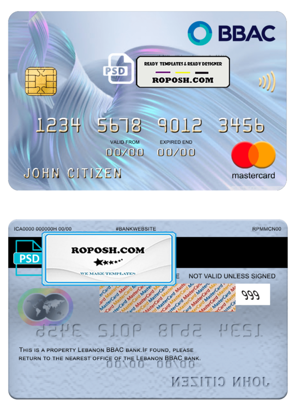 Lebanon BBAC bank mastercard, fully editable template in PSD format