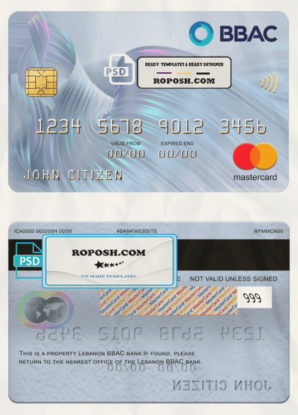 Lebanon BBAC bank mastercard, fully editable template in PSD format