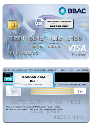 Lebanon BBAC bank visa platinum card, fully editable template in PSD format