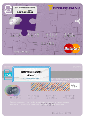 Lebanon Byblos Bank mastercard fully editable credit card template in PSD format