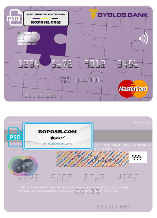 Lebanon Byblos Bank mastercard fully editable credit card template in PSD format