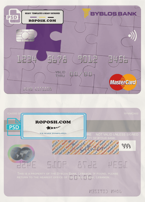 Lebanon Byblos Bank mastercard fully editable credit card template in PSD format