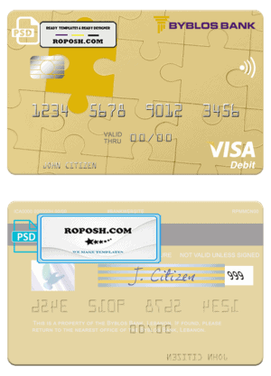 Lebanon Byblos Bank visa card fully editable template in PSD format