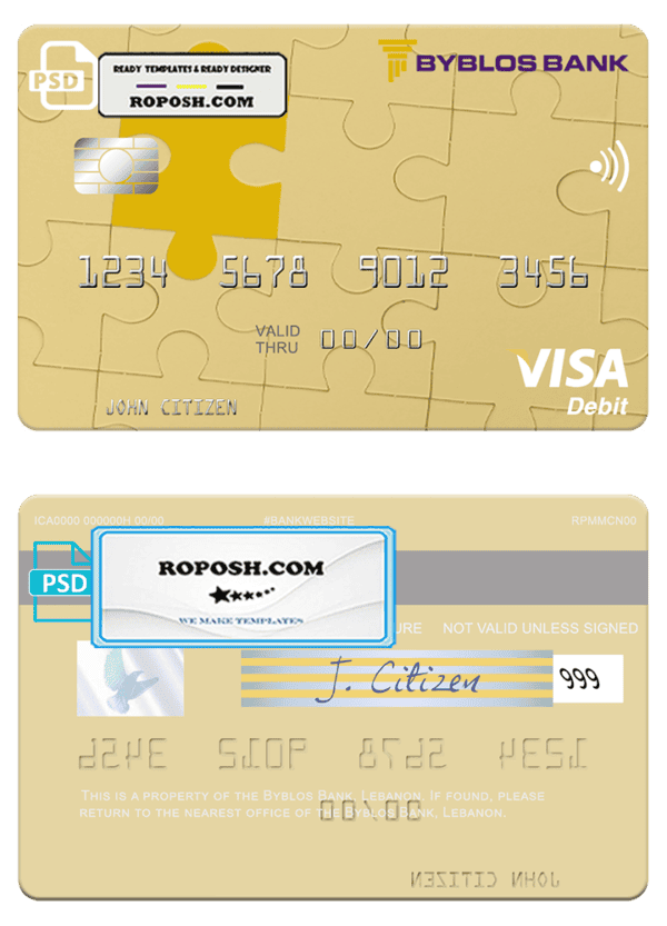 Lebanon Byblos Bank visa card fully editable template in PSD format