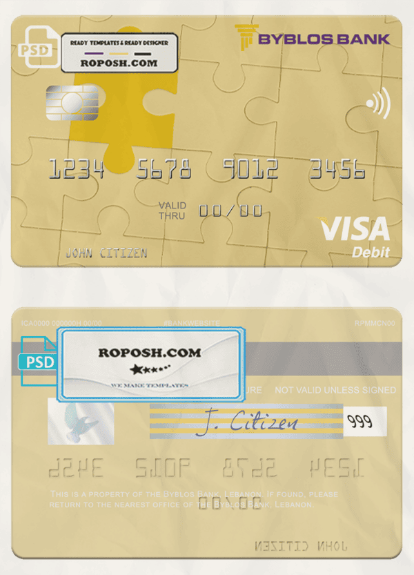Lebanon Byblos Bank visa card fully editable template in PSD format