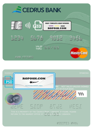 Lebanon Cedrus Bank mastercard fully editable credit card template in PSD format