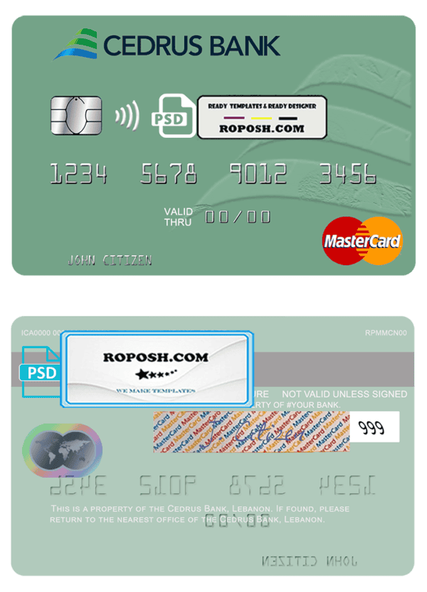 Lebanon Cedrus Bank mastercard fully editable credit card template in PSD format