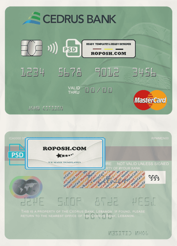 Lebanon Cedrus Bank mastercard fully editable credit card template in PSD format