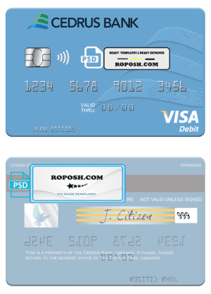 Lebanon Cedrus Bank visa card fully editable template in PSD format