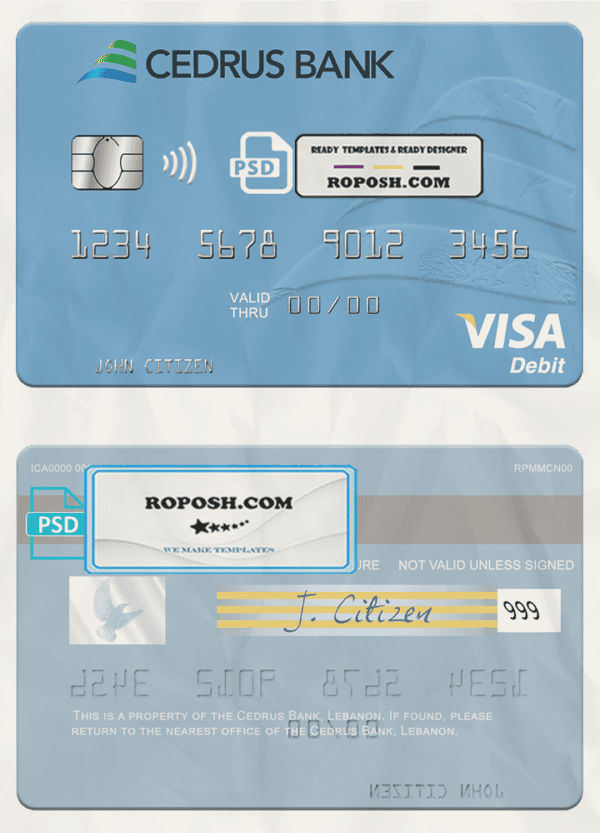 Lebanon Cedrus Bank visa card fully editable template in PSD format