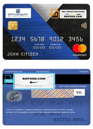 Lebanon Emirates Lebanon bank mastercard, fully editable template in PSD format