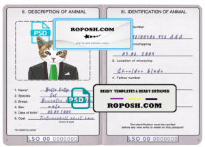 Lesotho cat (animal, pet) passport PSD template, completely editable