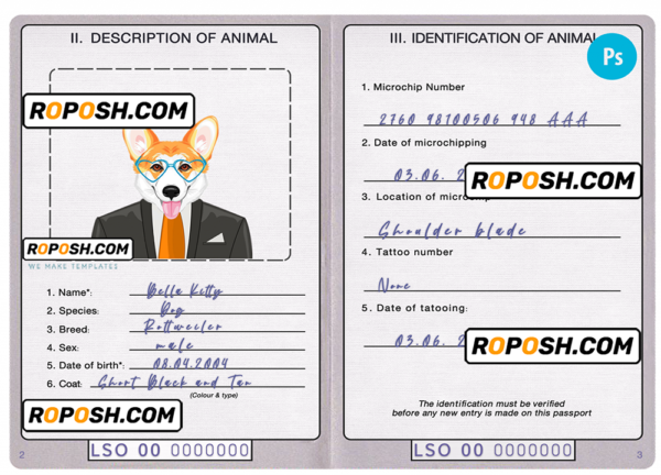 Lesotho dog (animal, pet) passport PSD template, completely editable