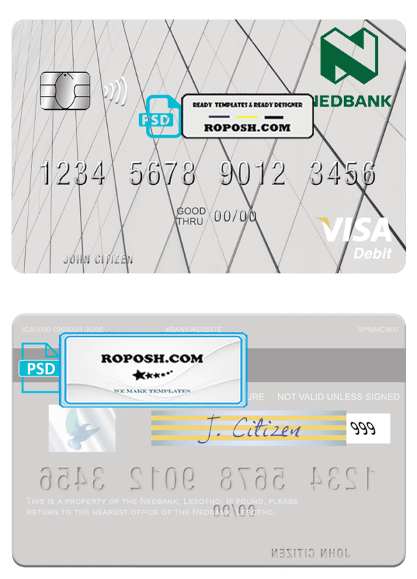 Lesotho Nedbank visa card fully editable template in PSD format