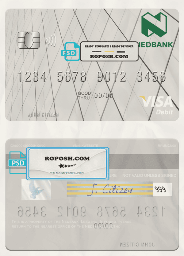 Lesotho Nedbank visa card fully editable template in PSD format