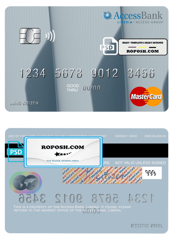 Liberia Access Bank mastercard fully editable template in PSD format