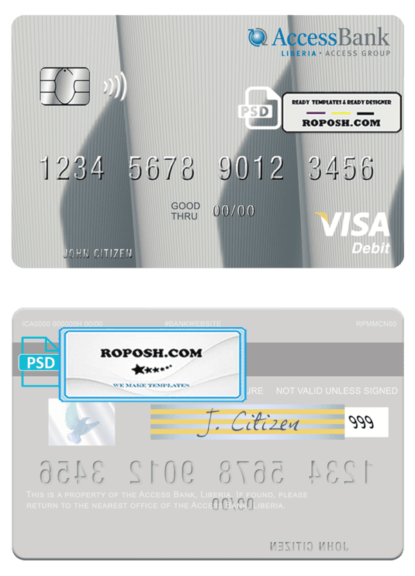 Liberia Access Bank visa card fully editable template in PSD format