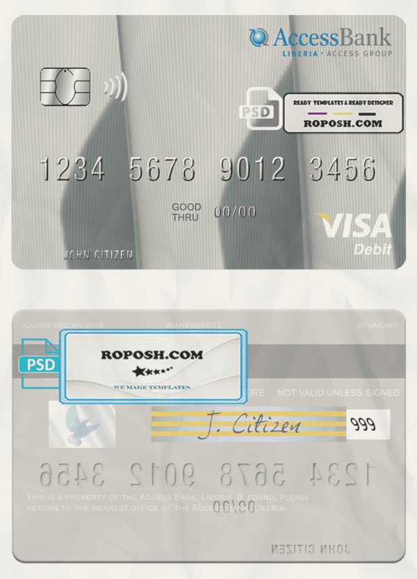 Liberia Access Bank visa card fully editable template in PSD format