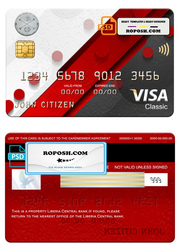 Liberia Central bank visa classic card, fully editable template in PSD format