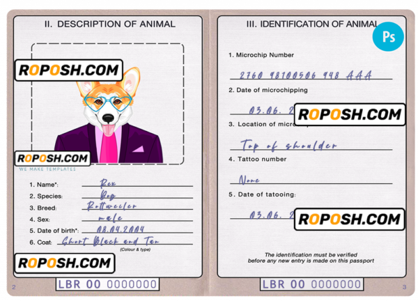 Liberia dog (animal, pet) passport PSD template, fully editable