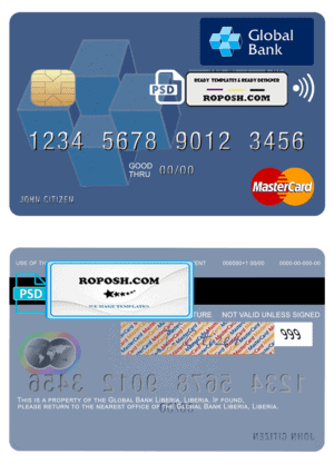 Liberia Global Bank mastercard fully editable credit card template in PSD format