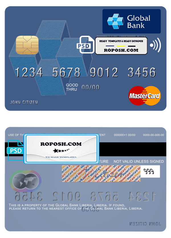 Liberia Global Bank mastercard fully editable credit card template in PSD format