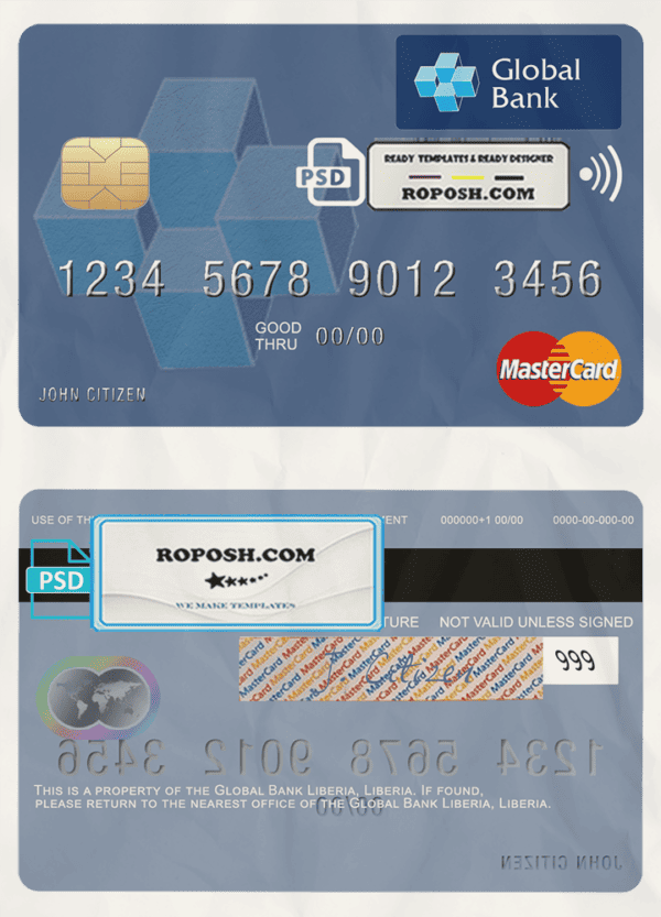 Liberia Global Bank mastercard fully editable credit card template in PSD format