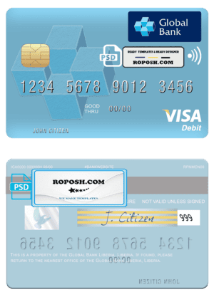 Liberia Global Bank visa card fully editable template in PSD format