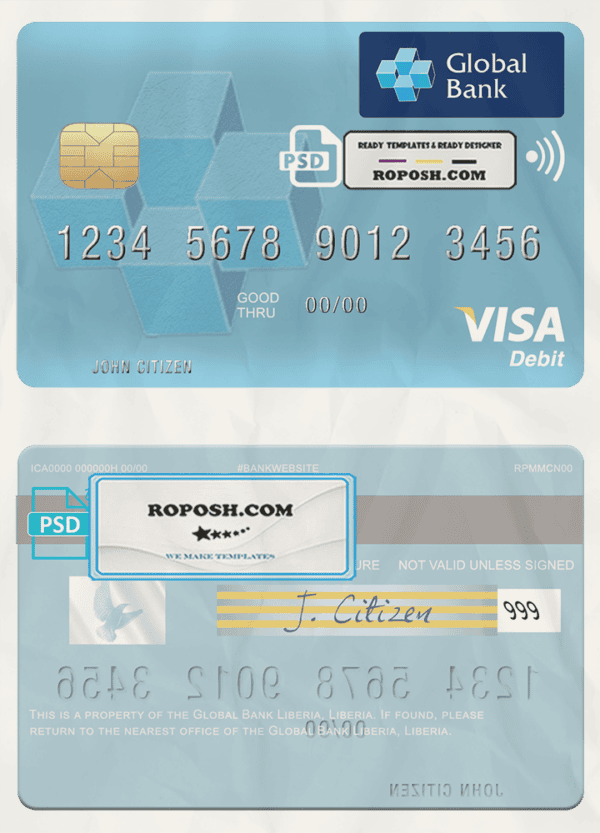 Liberia Global Bank visa card fully editable template in PSD format