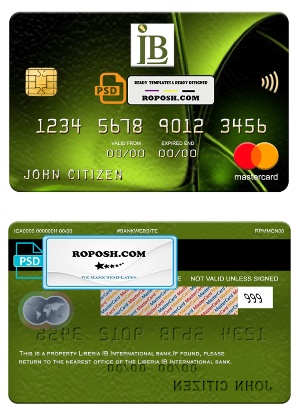 Liberia IB International bank mastercard, fully editable template in PSD format