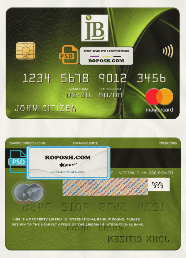 Liberia IB International bank mastercard, fully editable template in PSD format