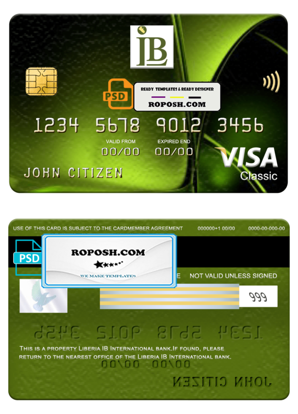 Liberia IB International bank visa classic card, fully editable template in PSD format