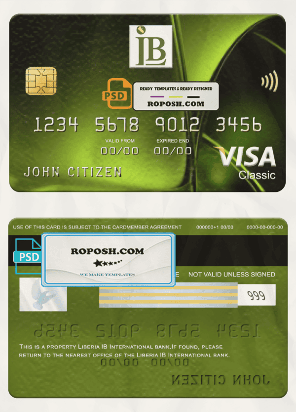 Liberia IB International bank visa classic card, fully editable template in PSD format